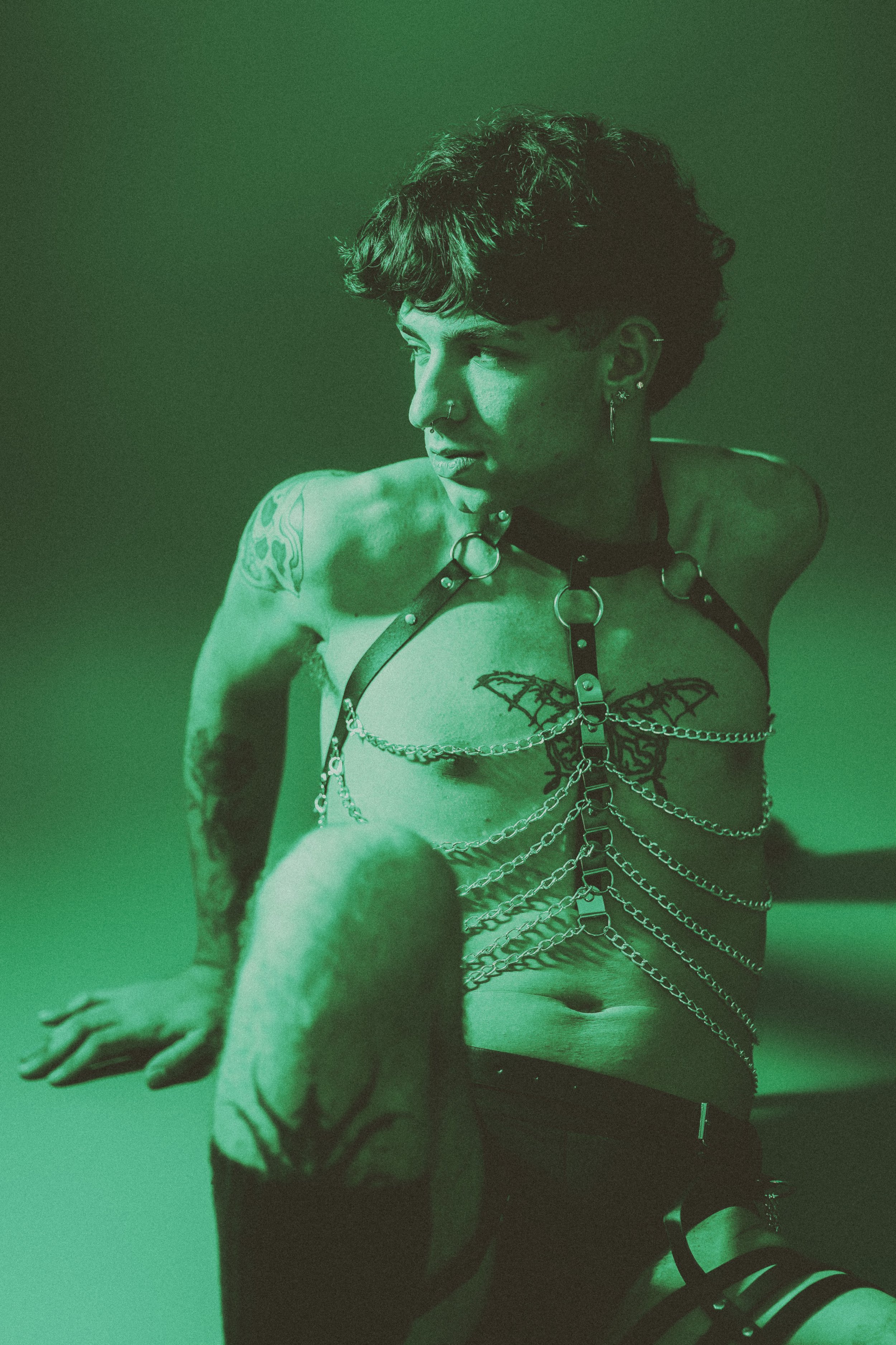 A person with tattoos wearing chains and lingerie, sitting on the floor with a dog reaching out towards the camera.