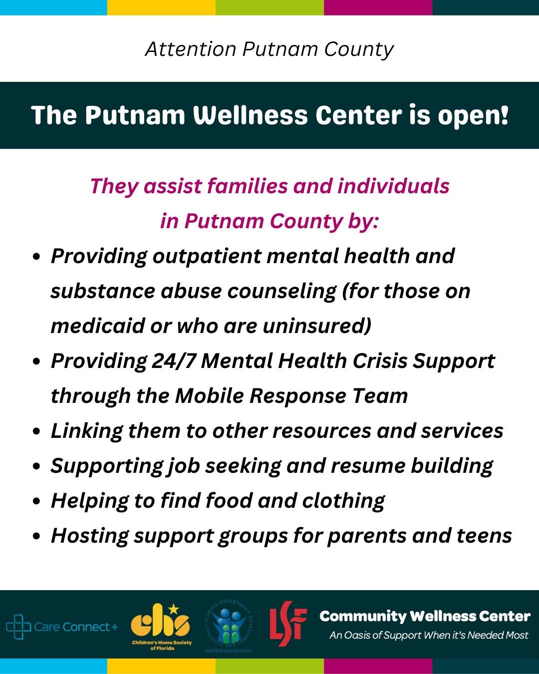 It's officially Mental Health Awareness Month, and we wanted to share this information from our friends at The Putnam Wellness Center in Palatka. 

They provide mental health resources and other services and support for Putnam County residents. 

If 