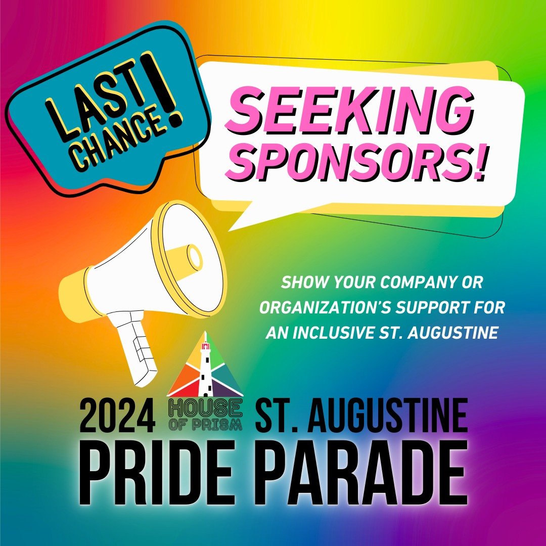Today's the day! If your business or organization wants to be an official sponsor of the 2024 St. Augustine Pride Parade, let us know right away! We're finalizing our sponsor lineup this week, and we'd love to include you. (More info at link in bio!)