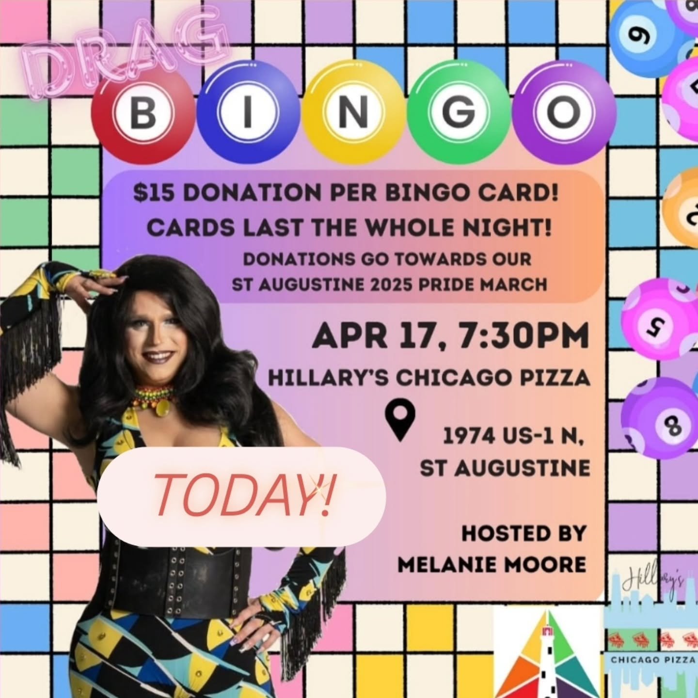 🔴🟠🟡🟢🔵🟣
Join us TODAY for Drag Bingo hosted by the delightful Melanie Moore! This Thursday, April 17th at 7:30pm, located at Hillary’s Chicago Pizza. Donations go towards our St. Augustine Pride March in June 2025! We hope to see you there