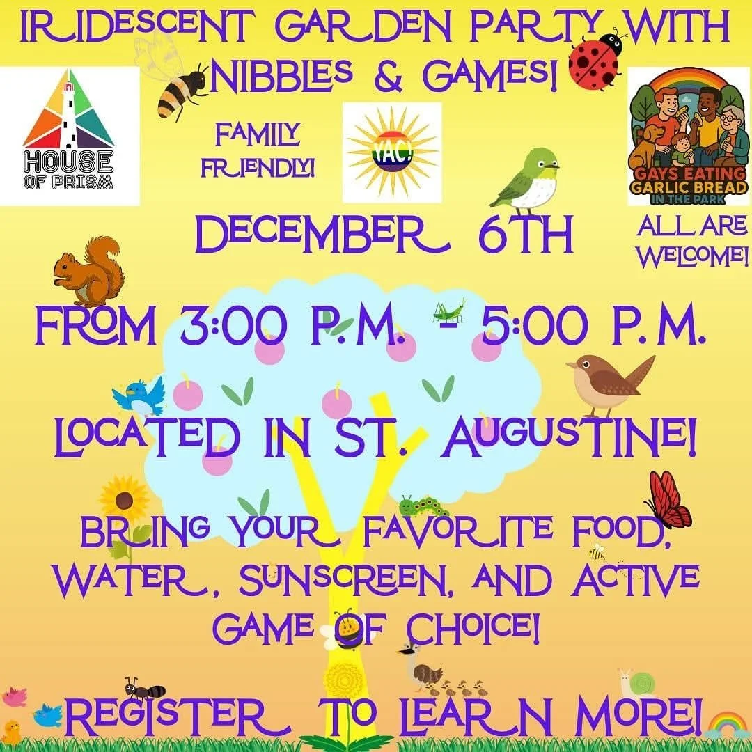 House of Prism, @yacyakjax 
@gayseatinggarlicbreadinthepark invite YOU&nbsp;to our inaugural collaborative&nbsp;family-friendly picnic. Saturday, December 6th, from 3:00 PM to 5:00 P.M. We will have some&nbsp;nibbles, drinks, and active games. Please