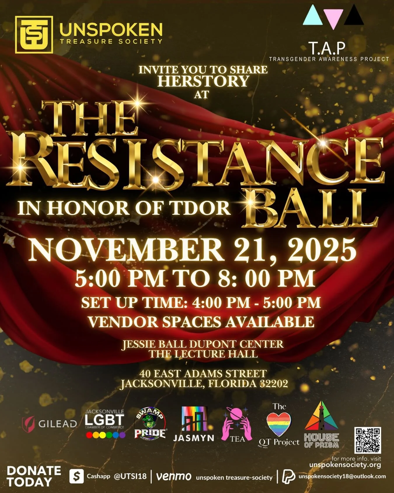 Join Unspoken Treasures and the NEFL LGBTQ Community as we remember our trans siblings who are gone too soon. A celebration of life and love!  See you at the Jessie Ball Dupont Center on Friday 11/21/25 at 5p!