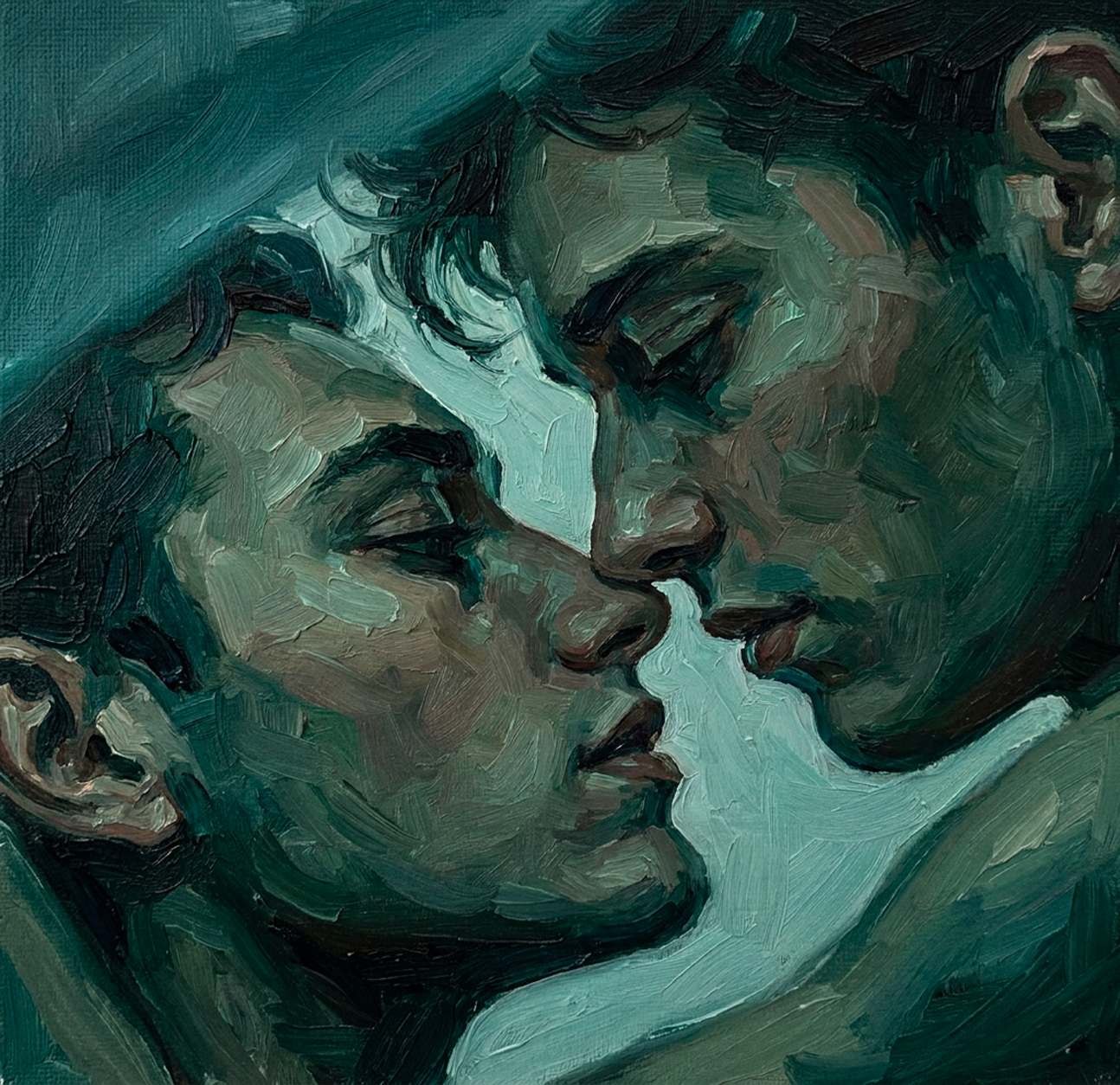 Abstract painting of two faces close together, painted in dark greens, blues, and browns with expressive brushstrokes.