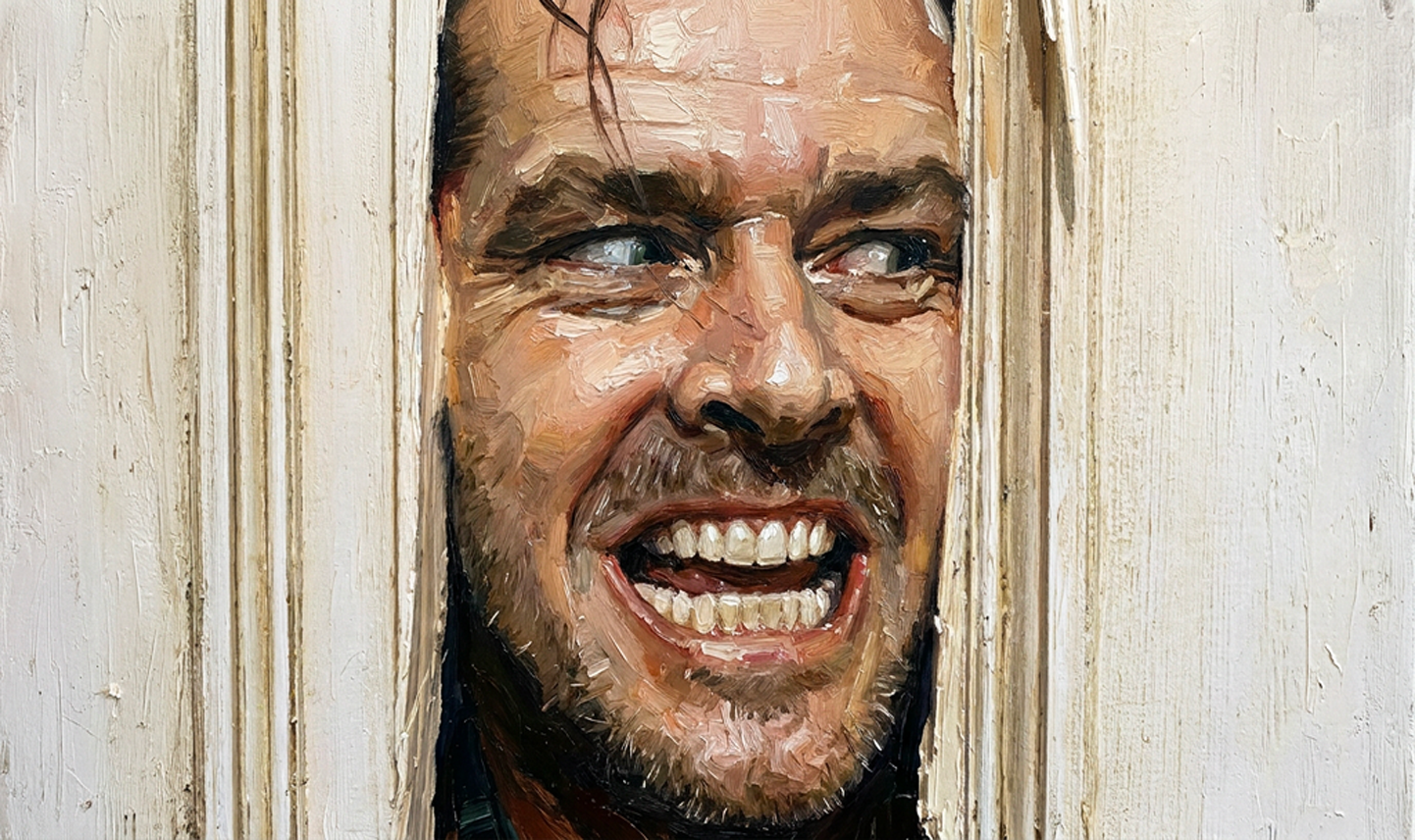 Close-up of a man's face making a silly expression, peeking from behind a doorframe.