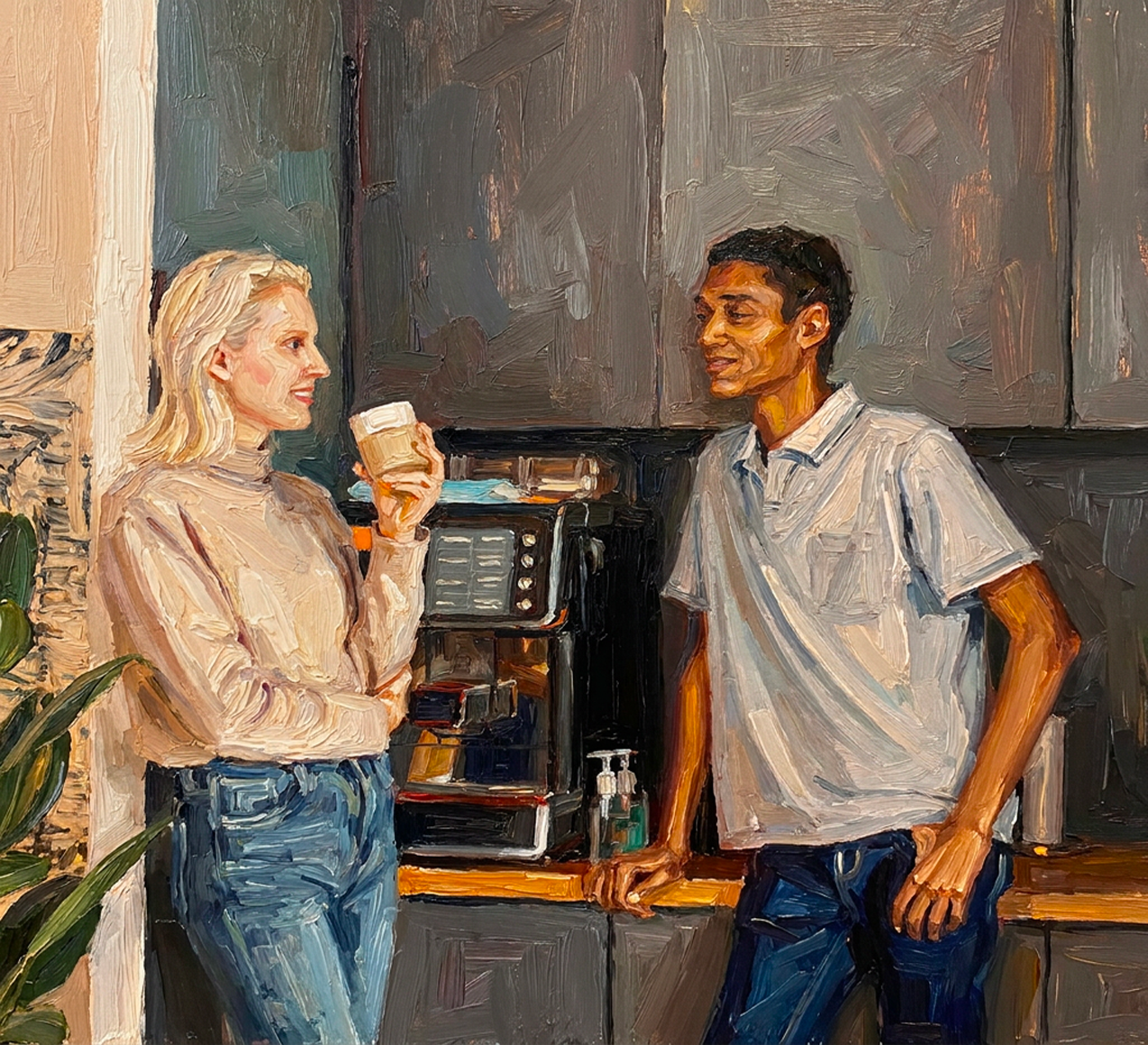 Painting of two people having a conversation in a kitchen, one woman holding a coffee cup and smiling, a man leaning on the counter with a casual friendly expression.