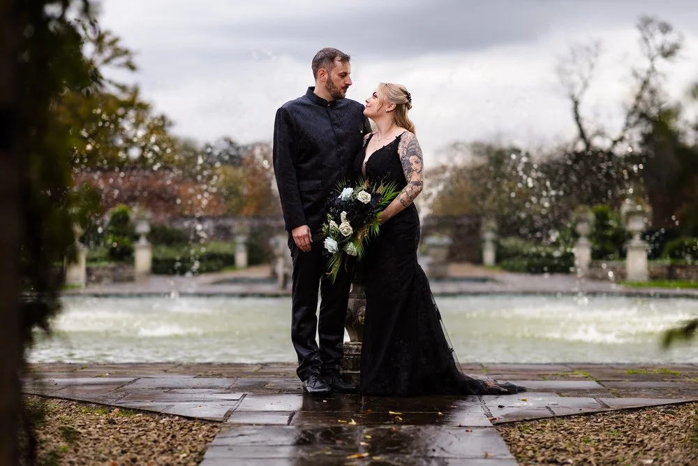 Gothic wedding couple portrait by ornamental fountain in Arley House formal gardens, autumn wedding photography by Once in a Lifetime Photography Worcestershire