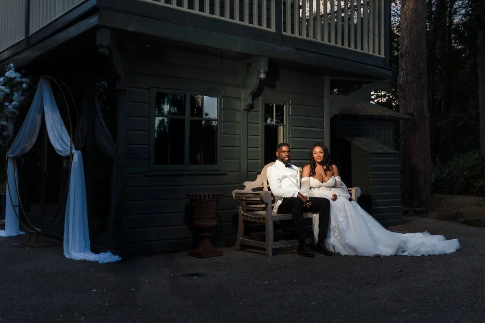 Bride and groom portrait on the gravel path in the grounds of Hogarths Hotel Solihull in golden hour light — documentary wedding photography by Once in a Lifetime Photography, Worcestershire