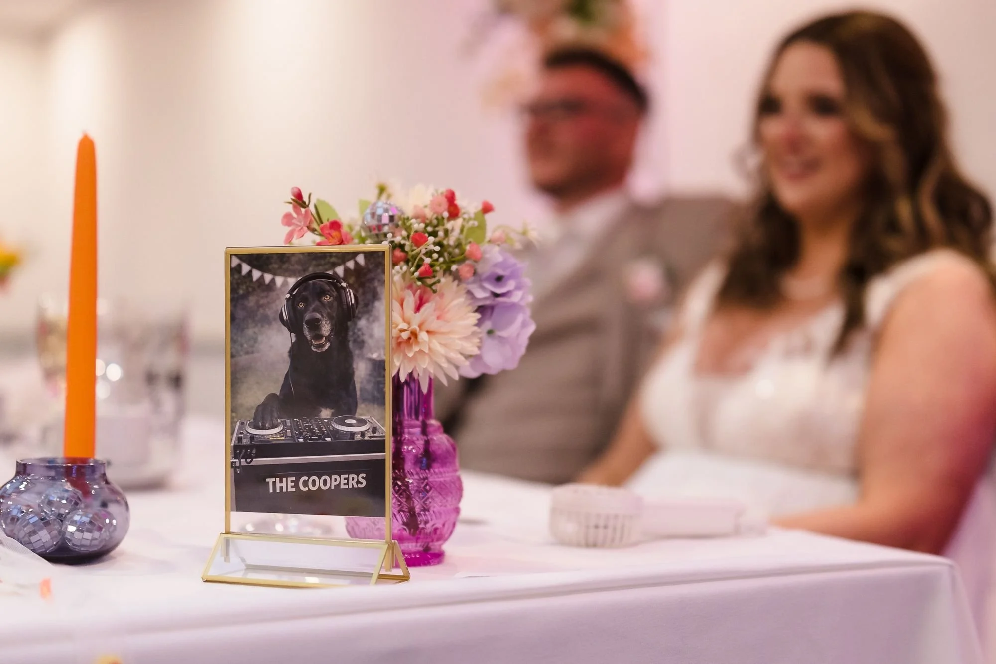 Top-table sign showing the couple's dog as a DJ above the words The Coopers, with Holly and Dan blurred behind