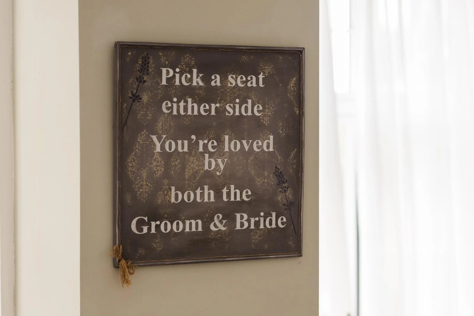 Pick a seat either side welcome sign at Ashton Lodge Country House wedding photography by Once in a Lifetime Photography