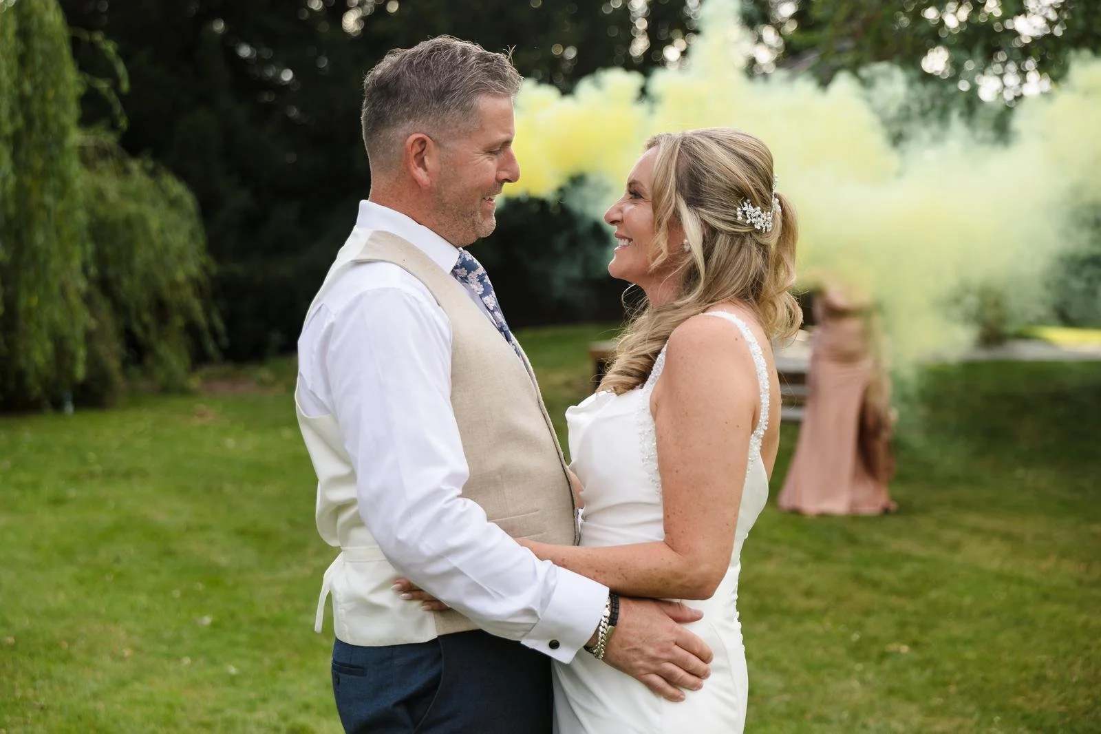 Charlotte and Richard's smoke-bomb couple portrait at Ashton Lodge Country House wedding photography by Once in a Lifetime Photography