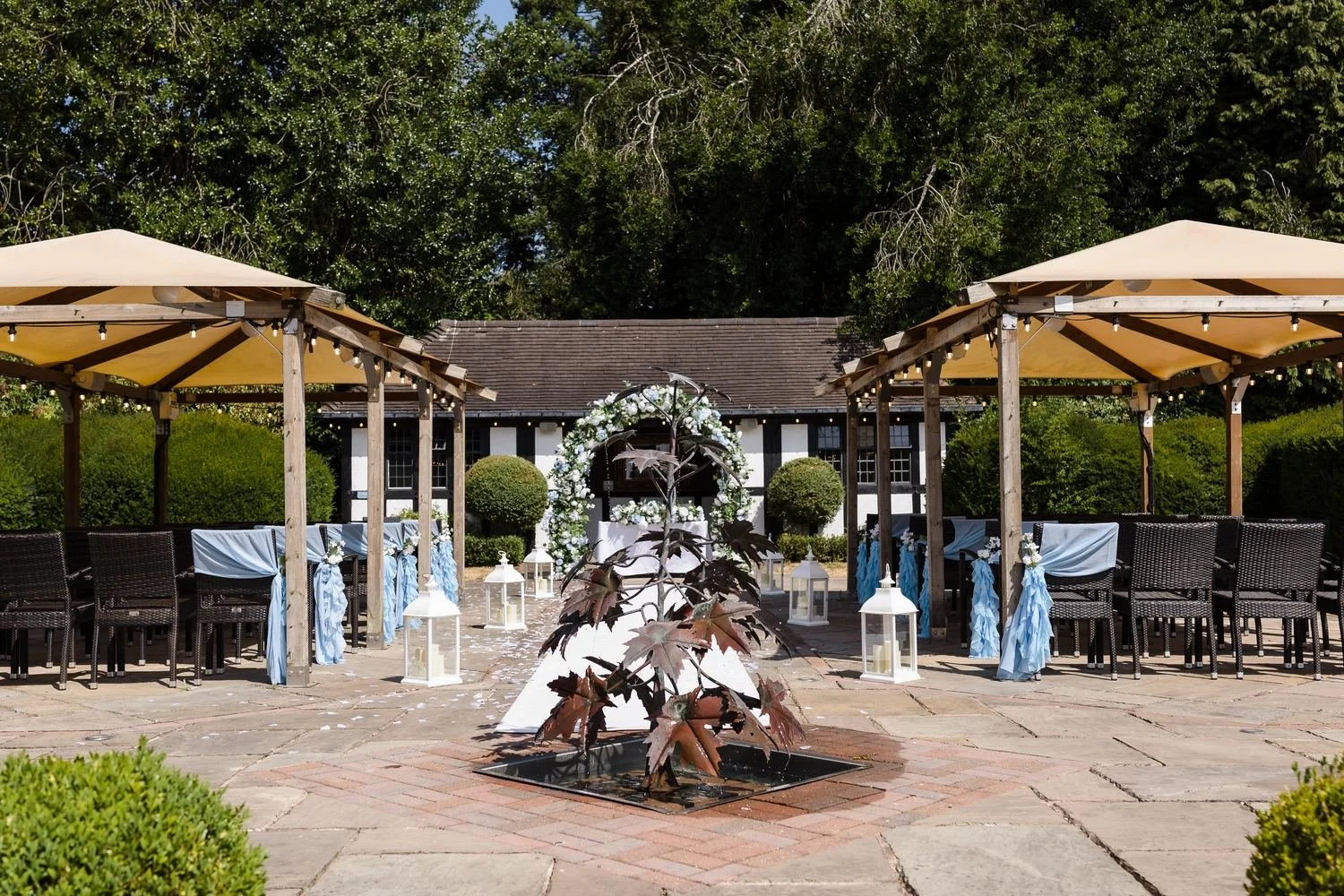 Outdoor ceremony seating under canvas canopies either side of the water feature, with lanterns and blue ruffled chair sashes