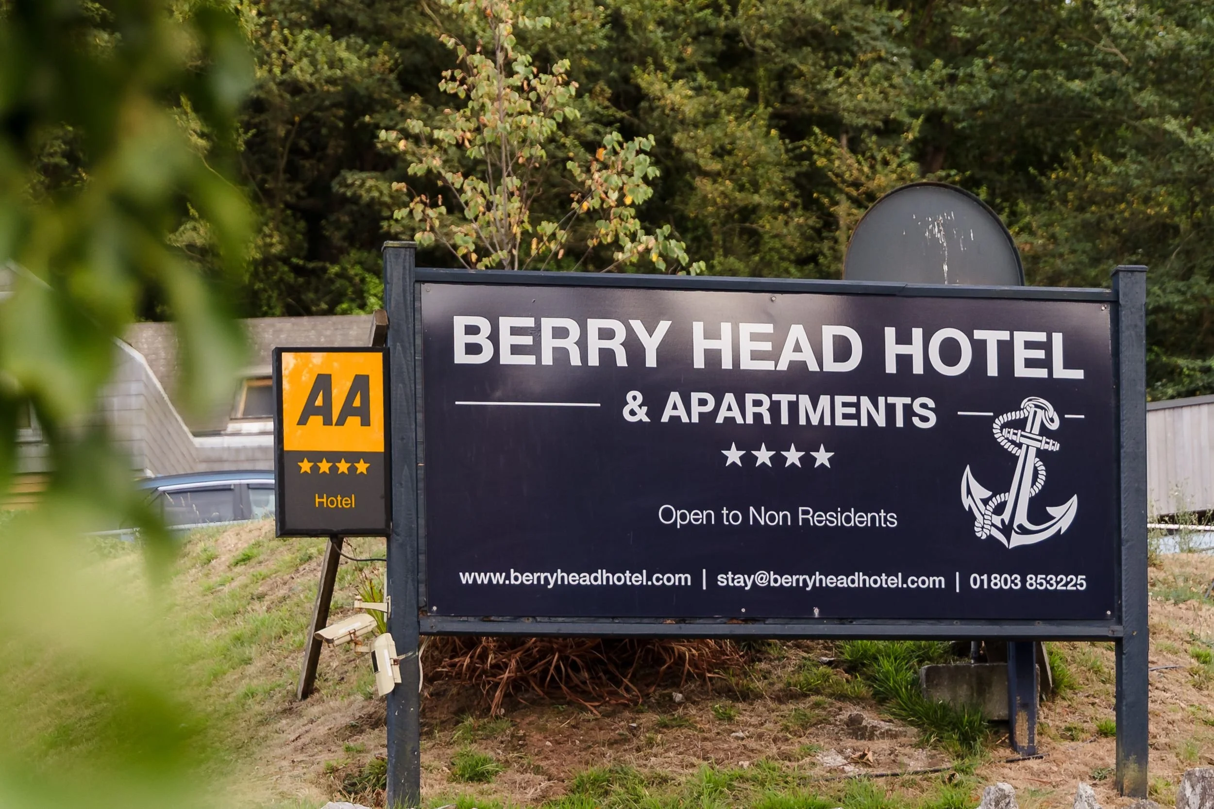 Berry Head Hotel and Apartments entrance sign at the wedding venue in Brixham, Devon