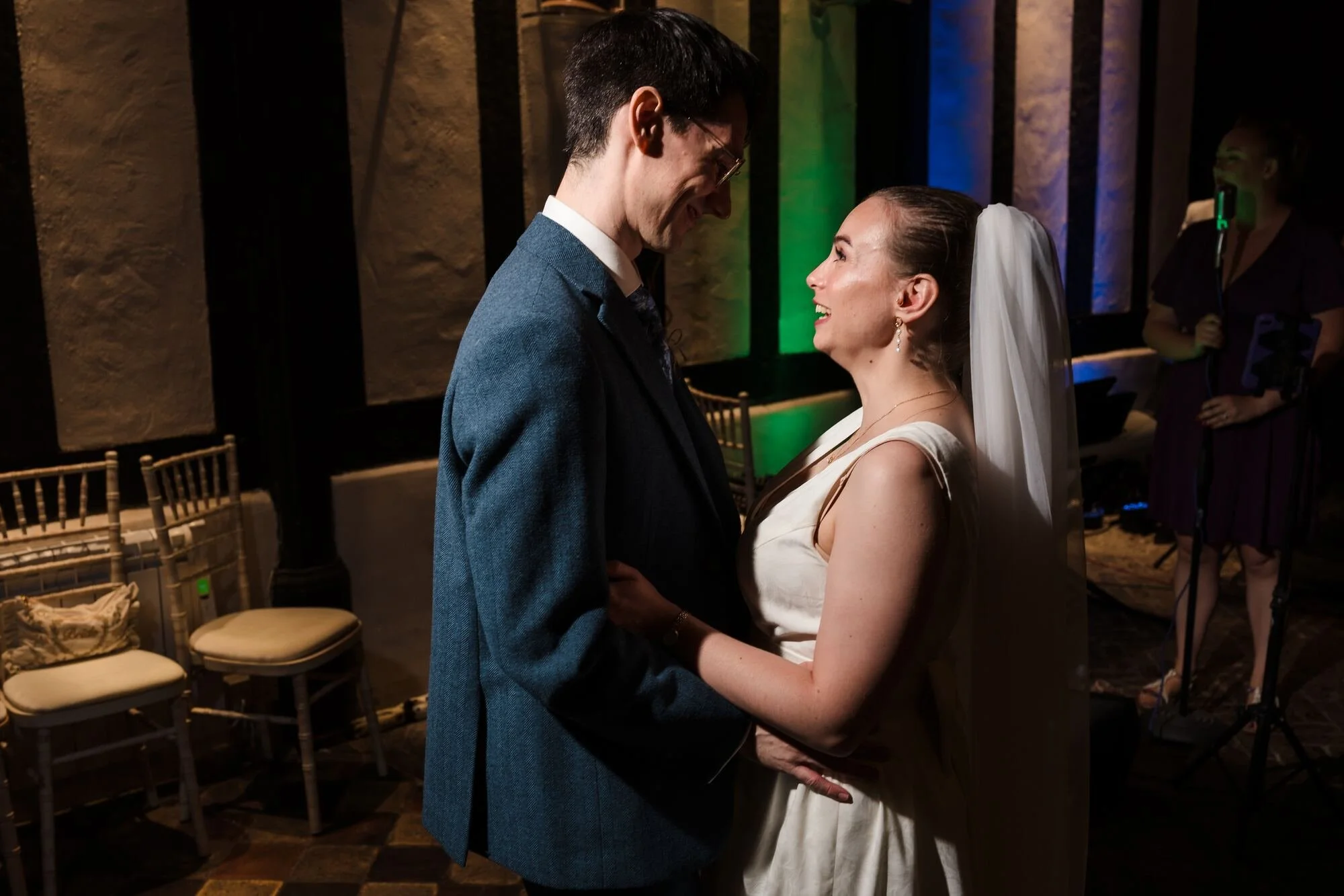 Isabelle and Chris during their first dance with the swing band behind them at The Commandery, Worcester, by Once in a Lifetime Photography