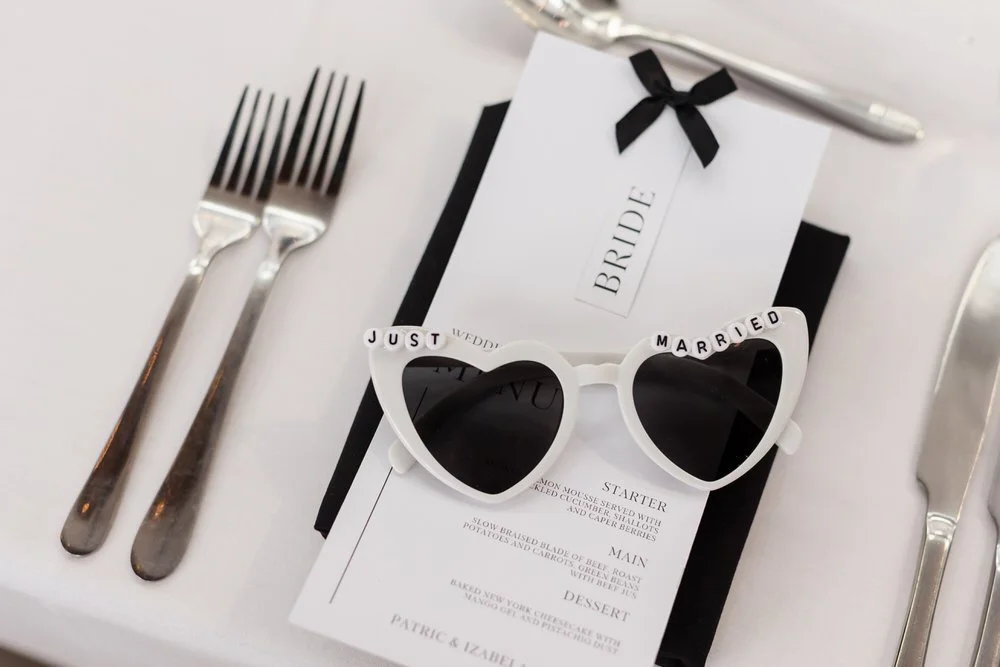 Black and white wedding reception details The Bond Birmingham table setting menu stationery modern minimal