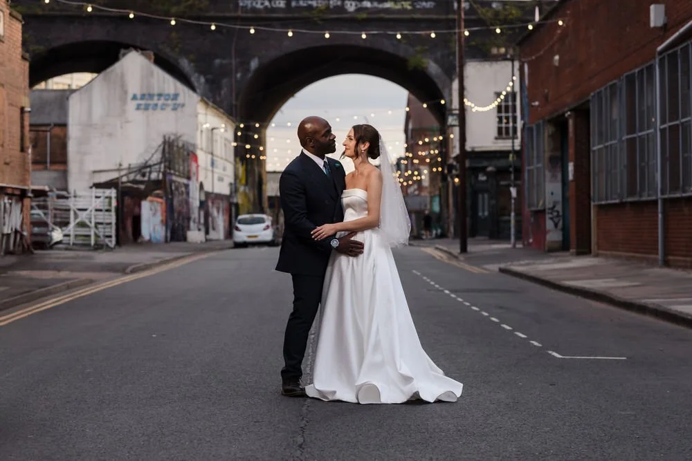 Romantic couple portrait Digbeth Birmingham twilight street photography The Bond wedding urban industrial setting