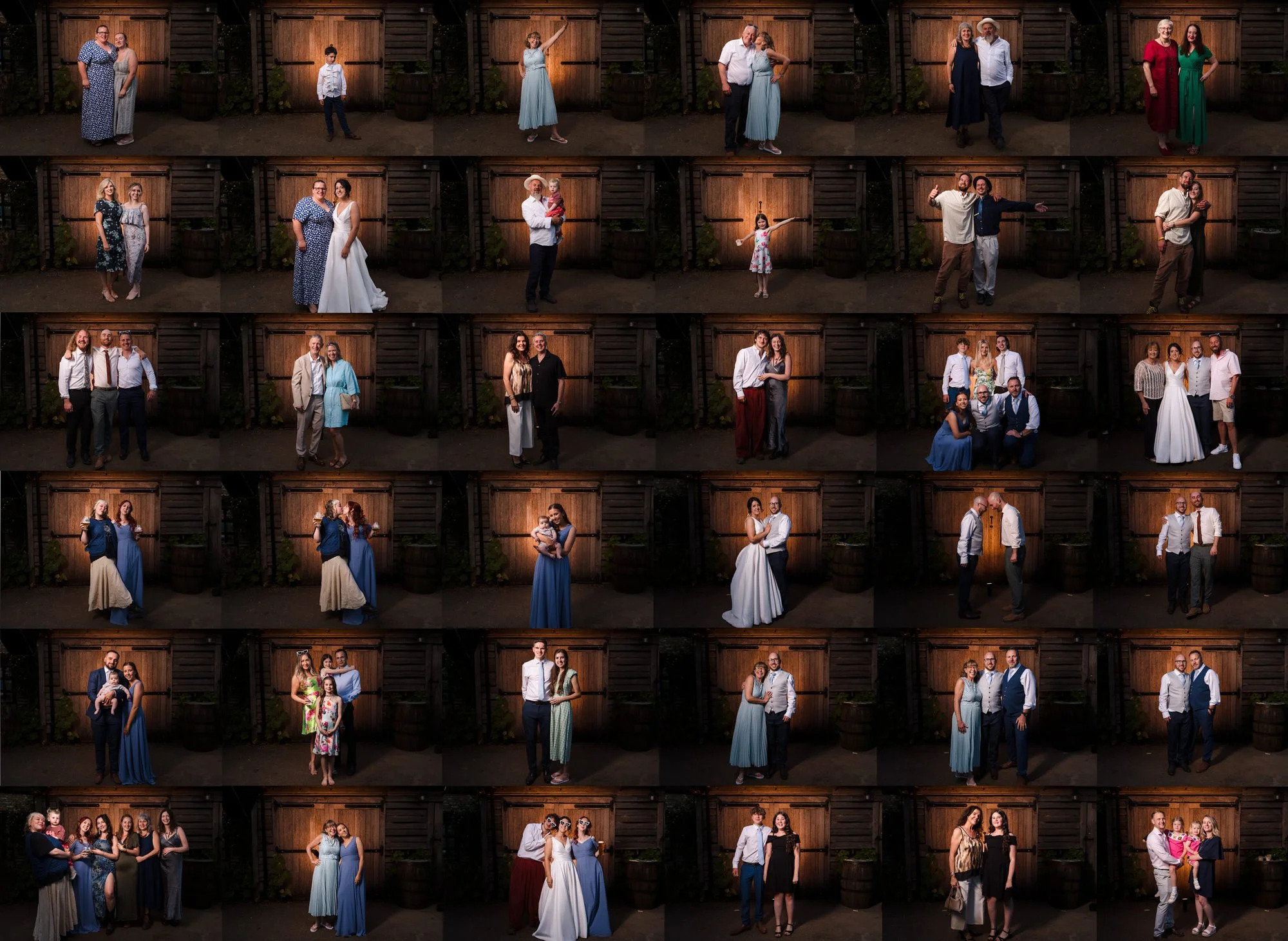 Grid of individual wedding guest portraits lit against The Fleece Inn's wooden barn doors, Worcestershire reception venue
