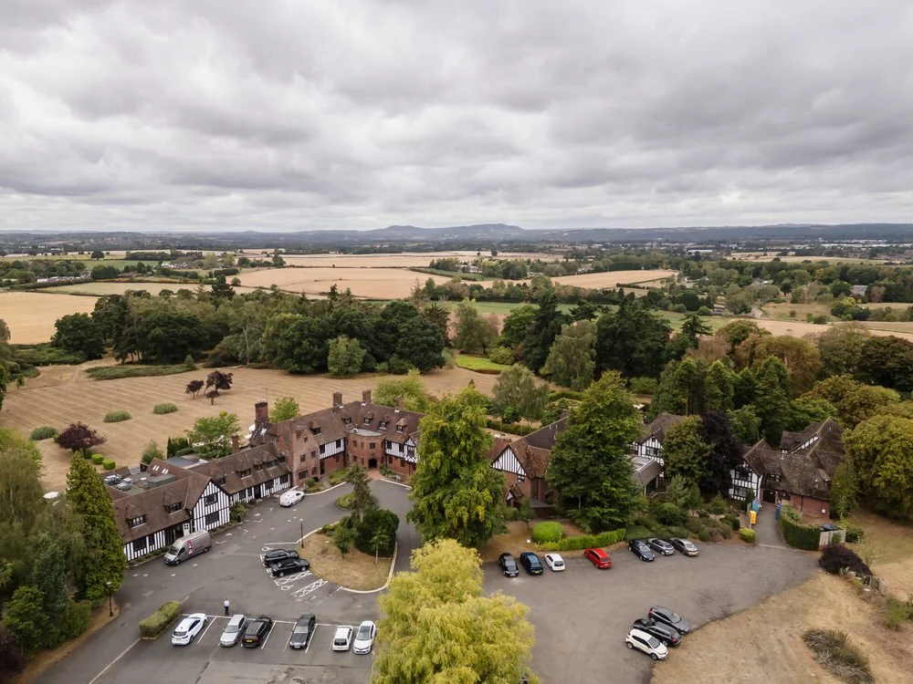 Aerial view of Hogarths Stone Manor wedding venue and Worcestershire countryside, Once in a Lifetime Photography