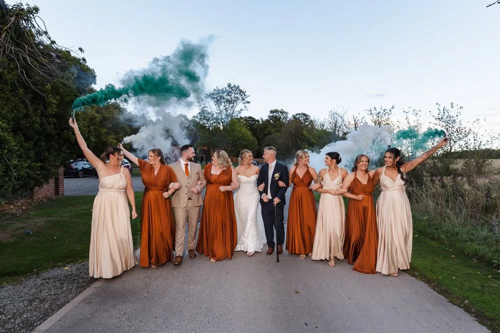 Shustoke Barn Wedding Photo with Smoke Bombs