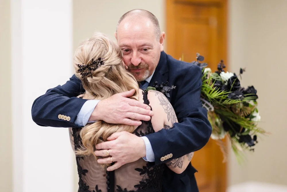Emotional father and bride embrace at Arley House wedding, documentary wedding photography Worcestershire