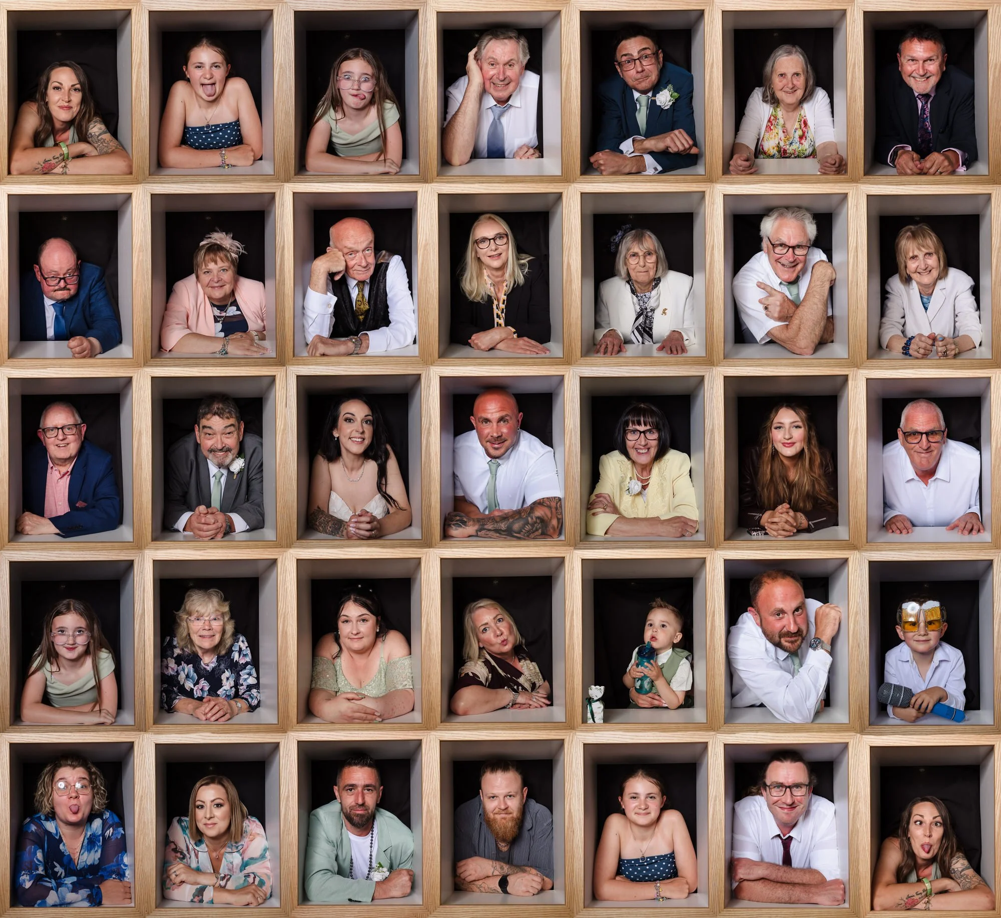 Composite portrait of wedding guests photographed individually in a wooden frame grid, Worcestershire wedding photography.