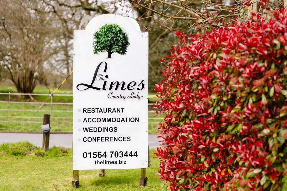 The Limes Country Lodge wedding venue sign in Earlswood, Solihull — outdoor wedding photography by Once in a Lifetime Photography