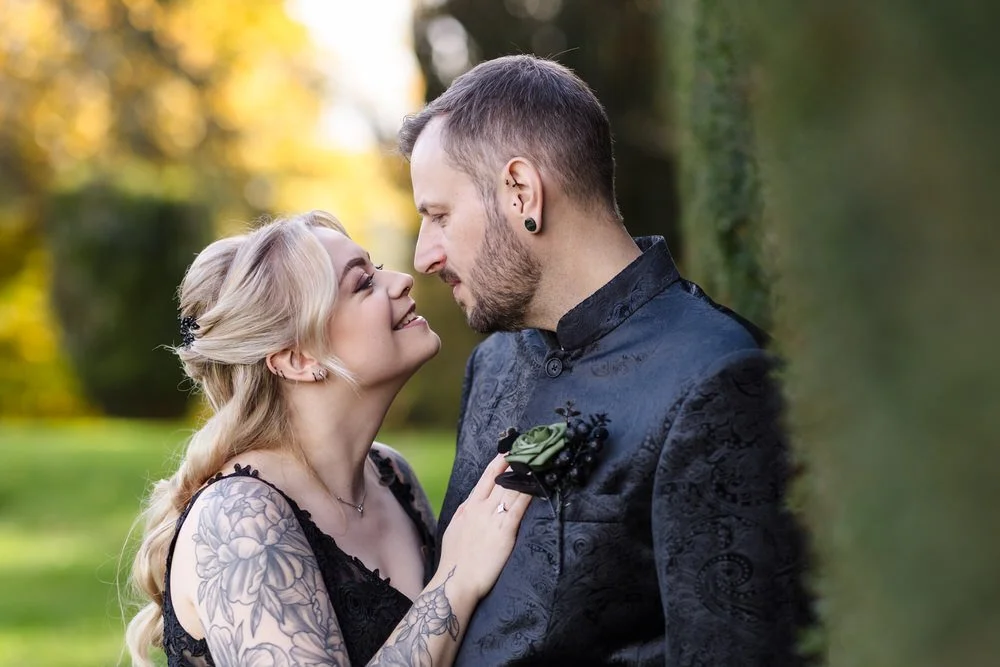Romantic close-up portrait of gothic wedding couple at Arley House Gardens, Once in a Lifetime Photography Worcestershire