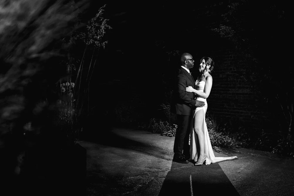 Dramatic black white night portrait The Bond Birmingham creative lighting moody couple photography Grand Union Canal
