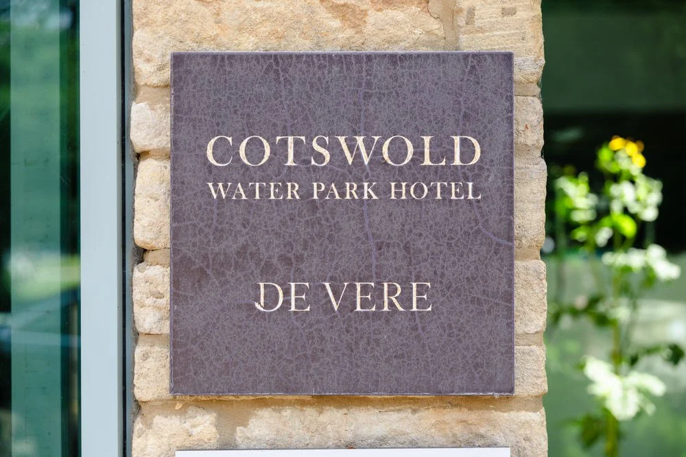 Cotswold Water Park Hotel De Vere stone entrance sign