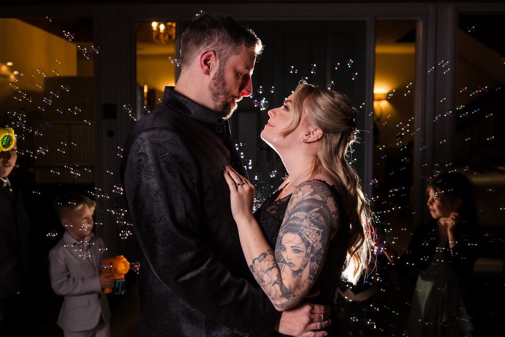 Romantic first dance with bubble machine effect at Arley House wedding reception, creative evening photography by Once in a Lifetime Photography Worcestershire