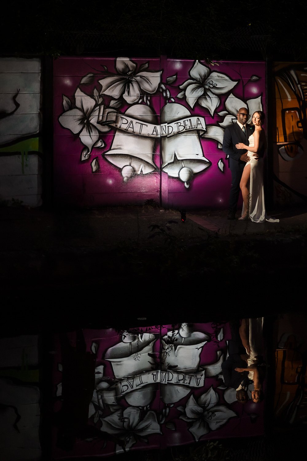 Custom wedding mural Grand Union Canal reflection The Bond Birmingham dramatic night off-camera flash creative photography
