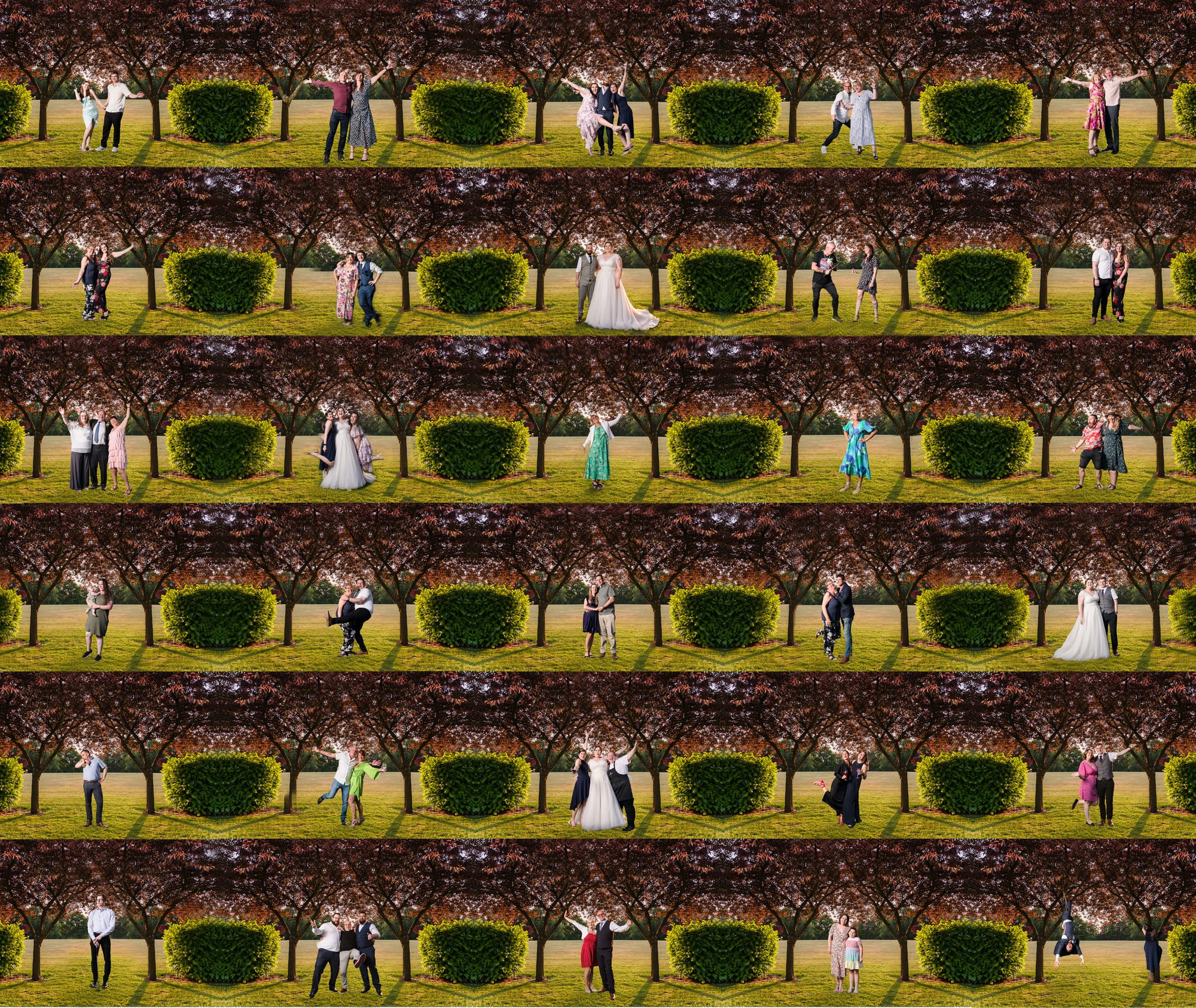 a composite wedding photo of all of the guests at Birtsmorten Court