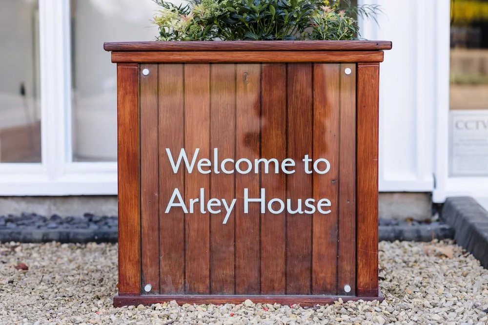 Welcome to Arley House wooden entrance sign, wedding venue photography by Once in a Lifetime Photography Worcestershire
