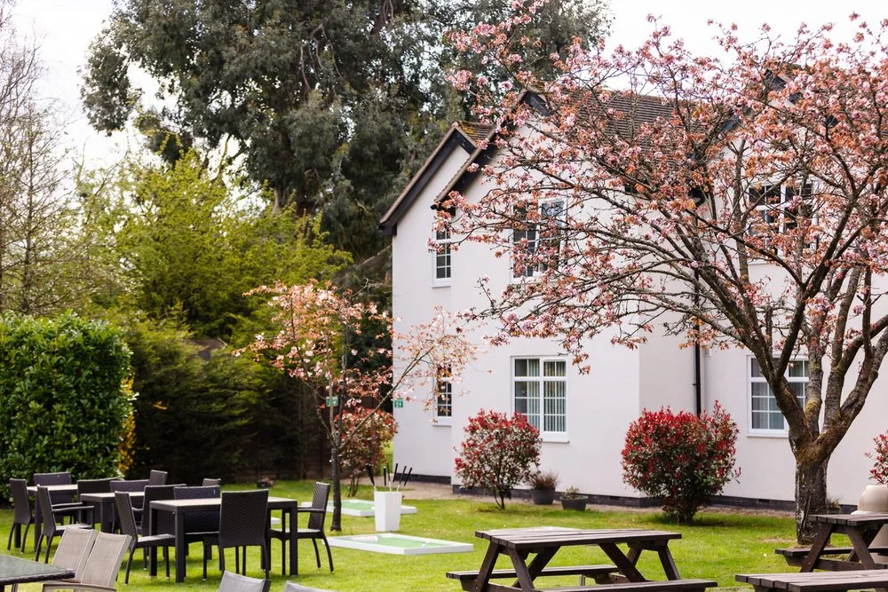 Spring wedding at The Limes Country Lodge — cherry blossom tree framing the outdoor reception area, tipi and garden games — Once in a Lifetime Photography