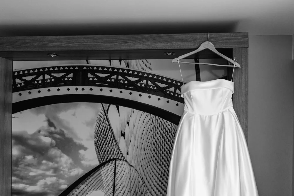 Artistic wedding dress detail bridal preparation Birmingham black and white creative photography composition