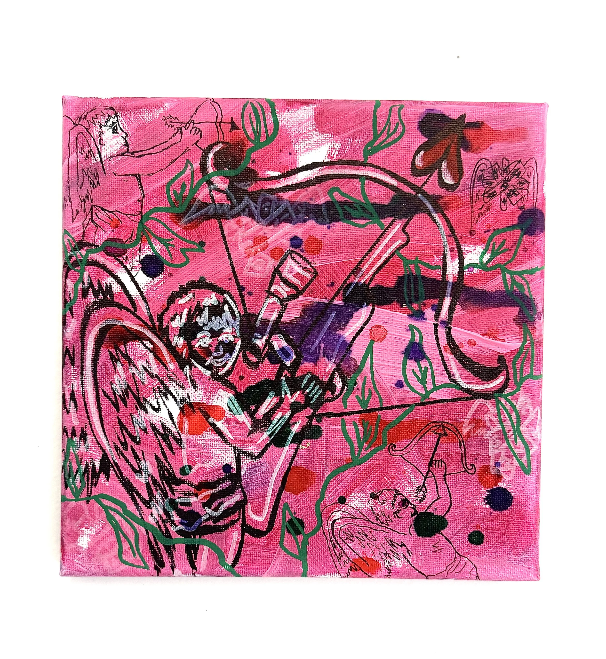 Targeted (Apfelschuss Eve) Mini 1, Mixed Media, 8"x8", 2025, $750