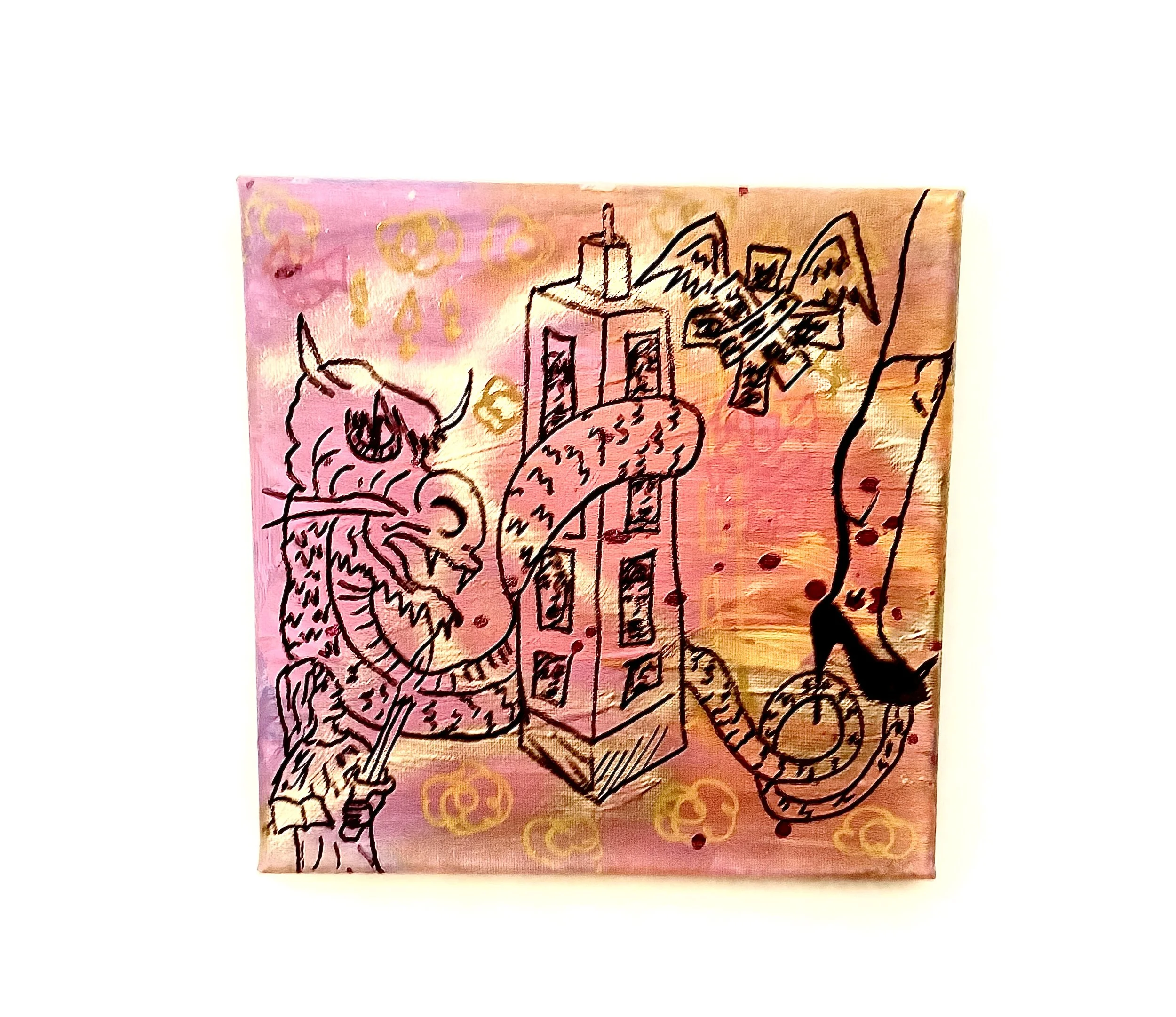 Cleaning House Mini 1, Mixed Media, 8"x8", 2025, $750