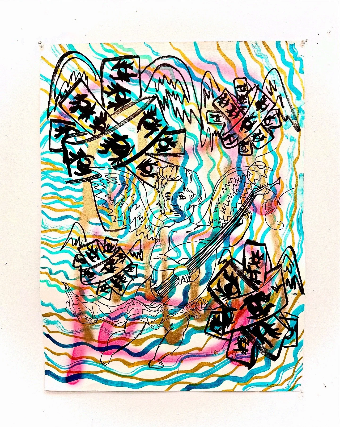 Angels Acoustic Version, 18”x24”, mixed media on paper, 2025,  $300