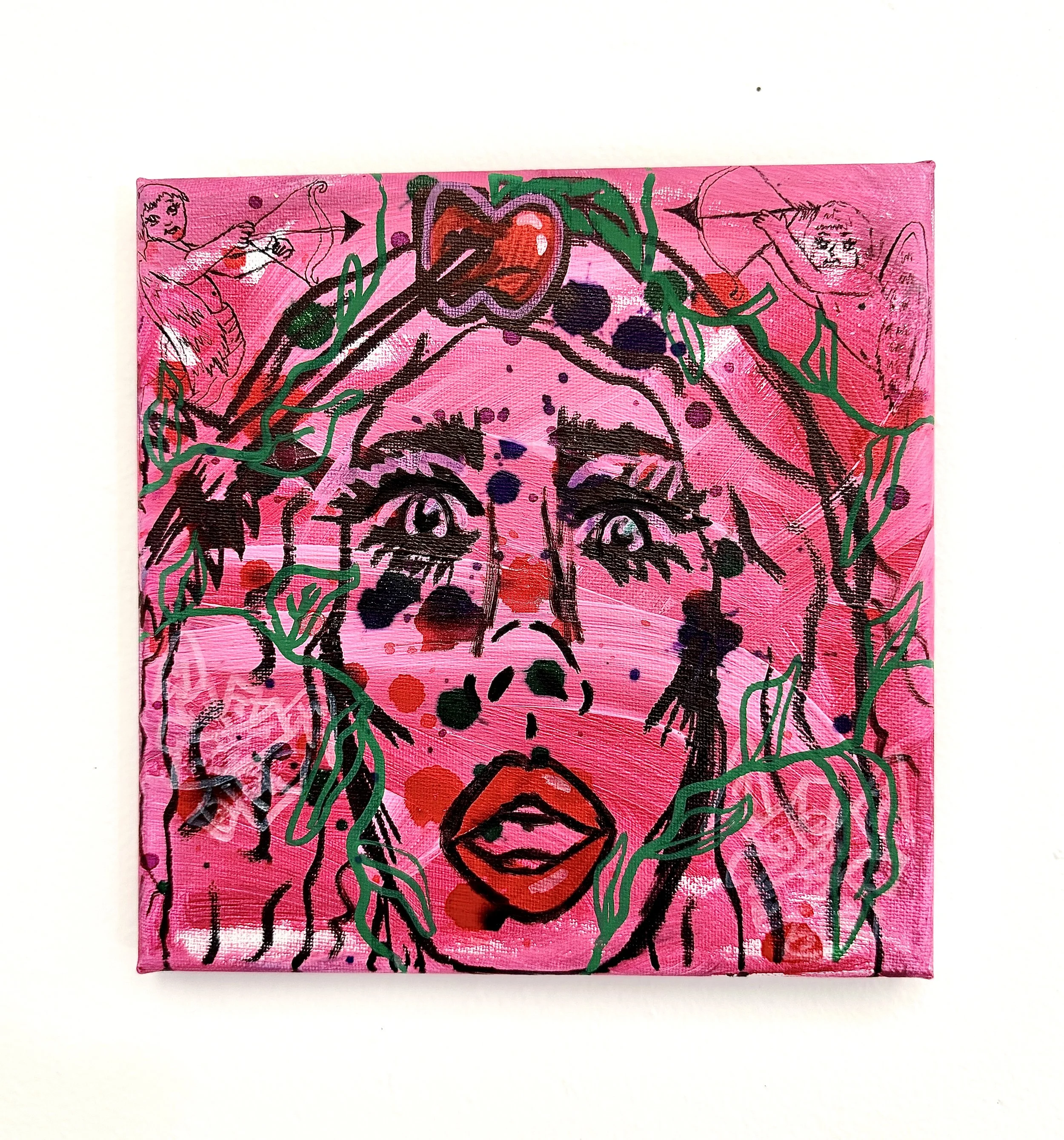 Targeted (Apfelschuss Eve) Mini 3, Mixed Media, 8"x8", 2025, $750