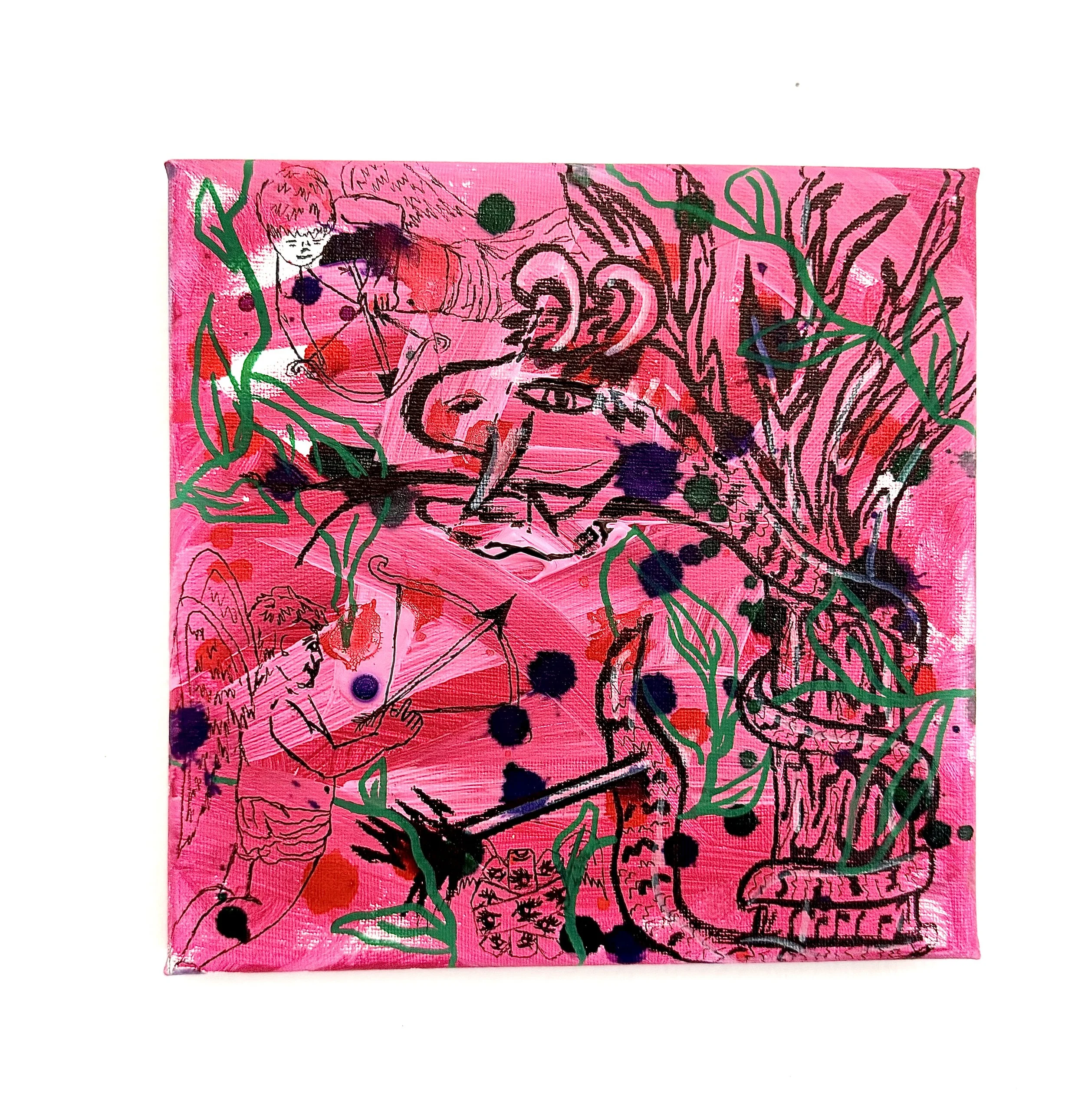 Targeted (Apfelschuss Eve) Mini 2, Mixed Media, 8"x8", 2025, $750