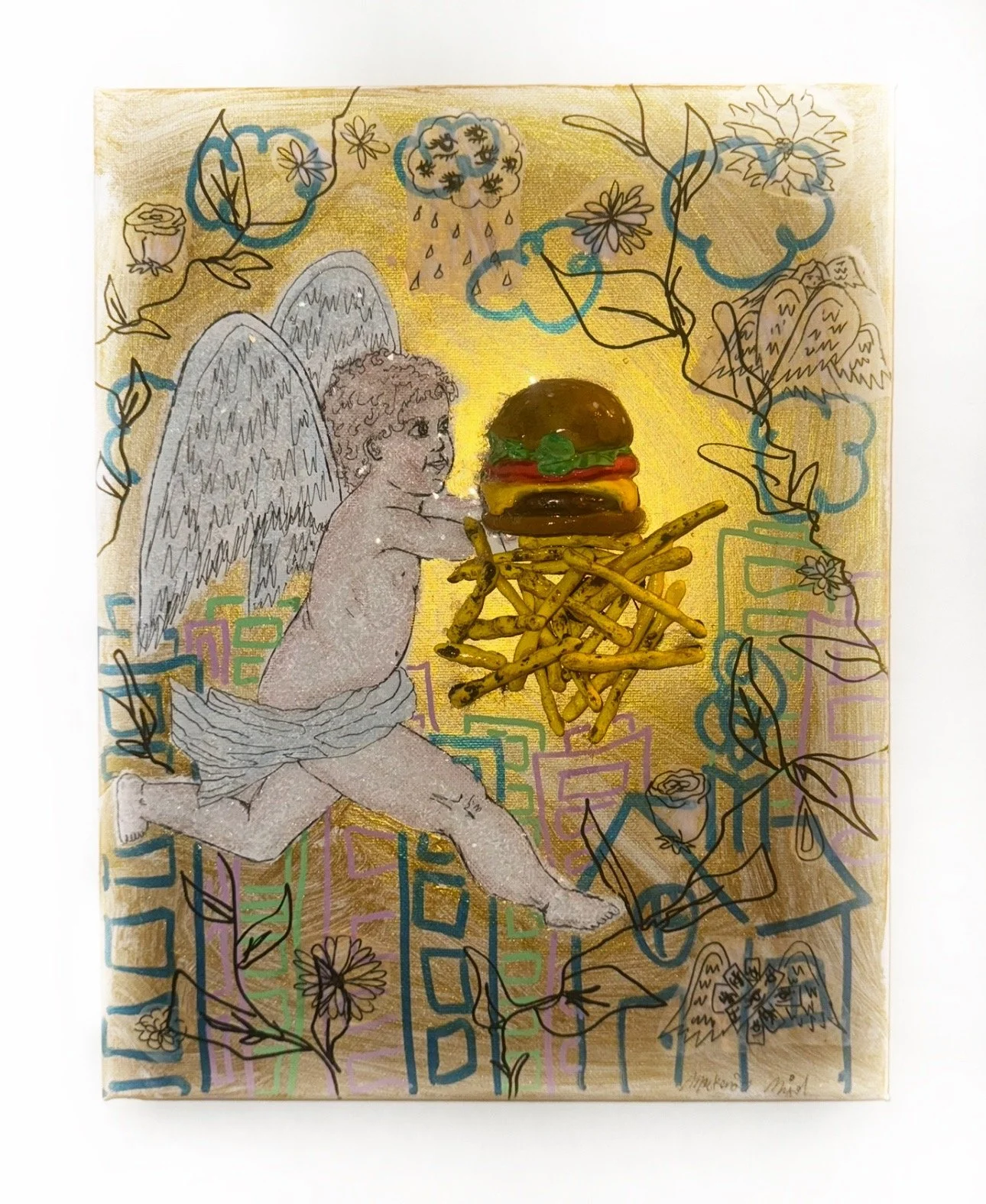Cheeseburger in Heaven Angel, 11" x 15," 2025, $500 - (part of the upcoming 'Spiritual Consumerism' collection)