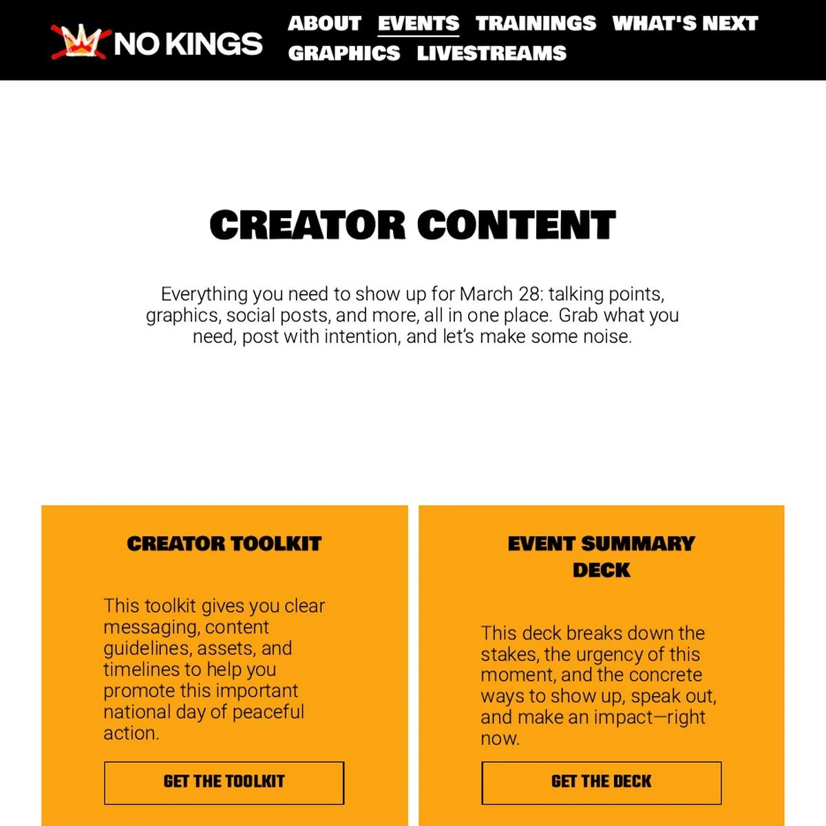 No Kings Creator Content page with the creator toolkit, event summary deck, shareable social posts, and digital assets, March 2026.