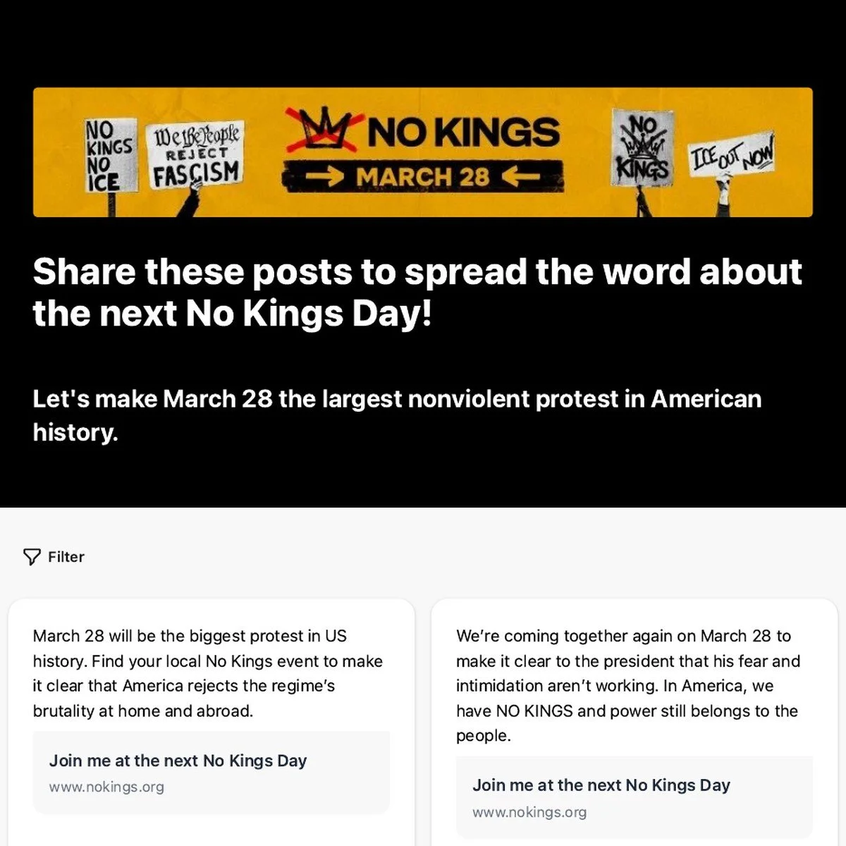No Kings shareable social posts toolkit promoting the March 28 national day of action.