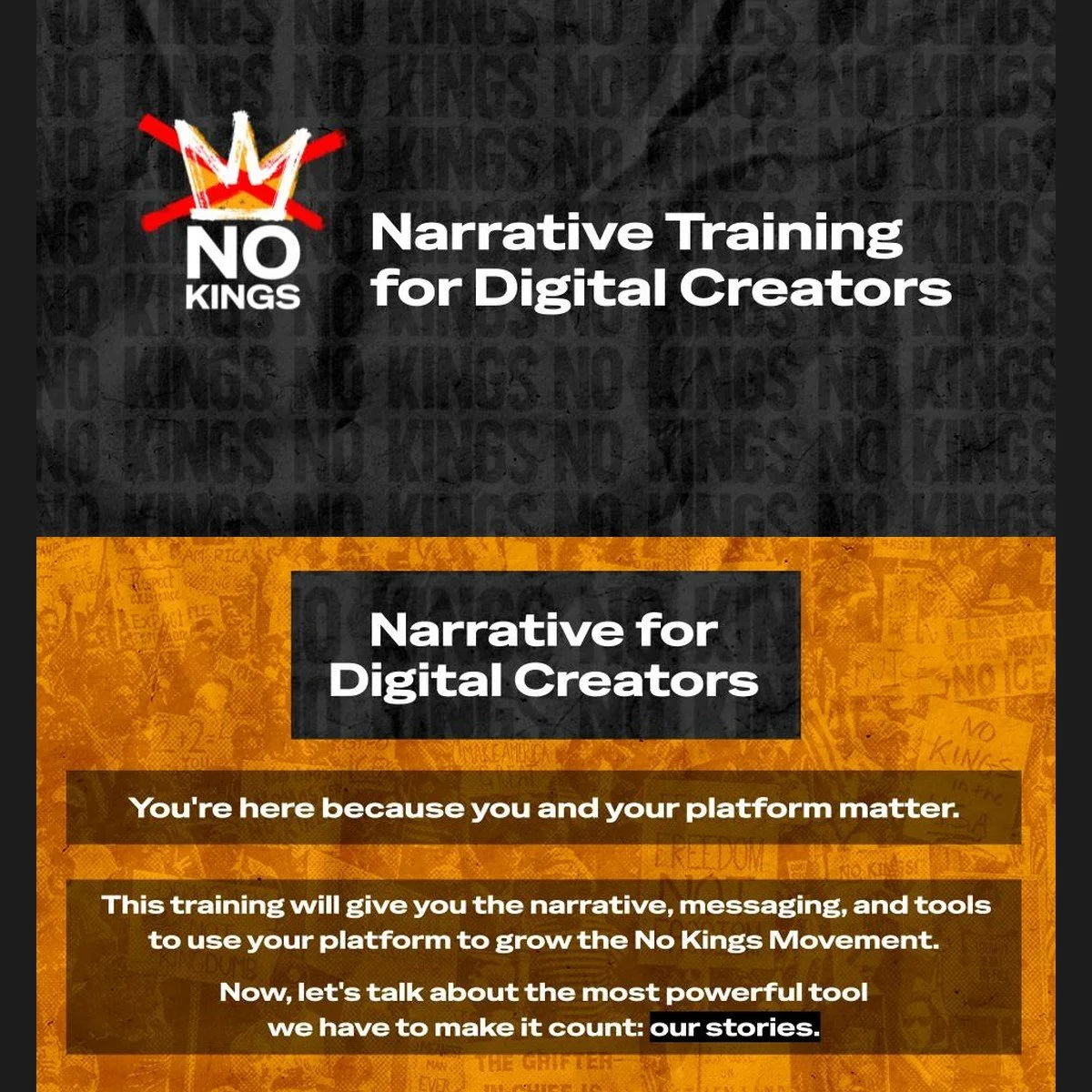 No Kings creator training deck slides: Narrative Training for Digital Creators.
