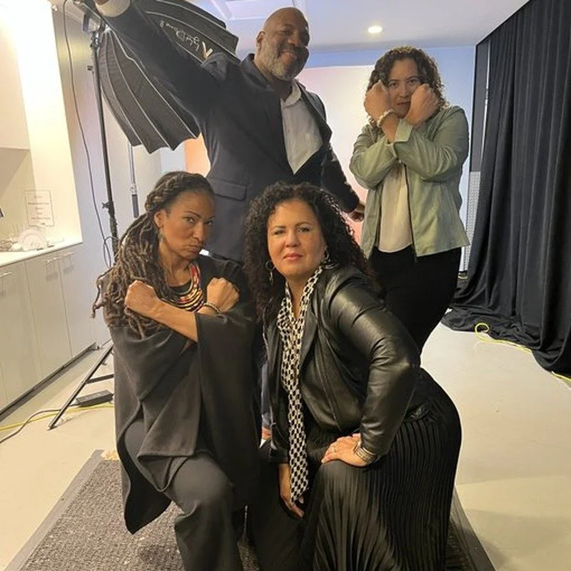 Unfinished Live 2022 panelists Ruha Benjamin, Jelani Cobb, Safiya Noble, and Meredith Broussard posing as the Avengers of Algorithmic Justice.