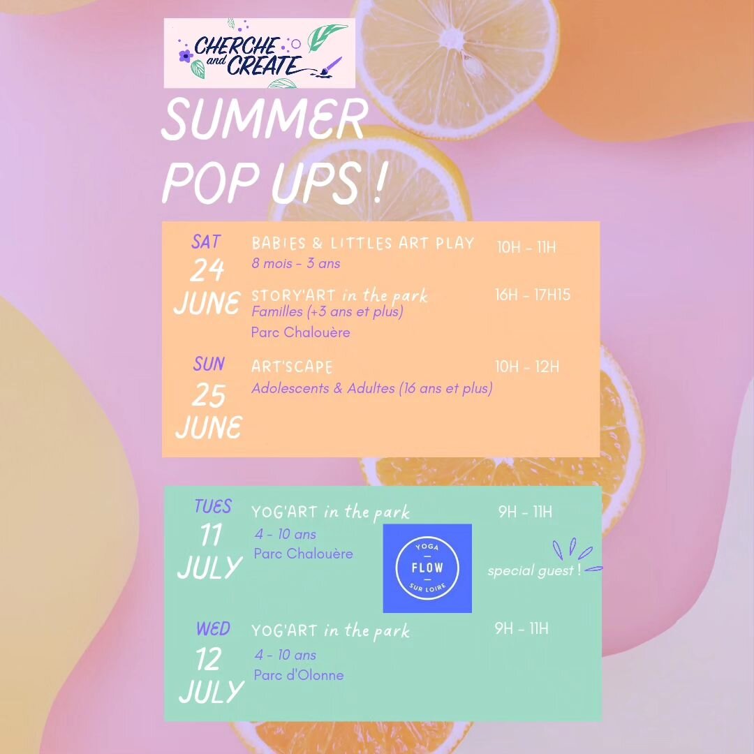 SUMMER POP UPS 🍋☀️
Our Workshop-Events are back and just in time for summer !

SAT JUNE 24TH
🍋 BABIES &amp; LITTLES ART PLAY
💜 8 mois - 3 ans
🌈 10H-11H
🎟 25 euros duo parent-enfant (bring a friend, 45 euros)

🍋STORY'ART IN THE PARK
💜 Families
