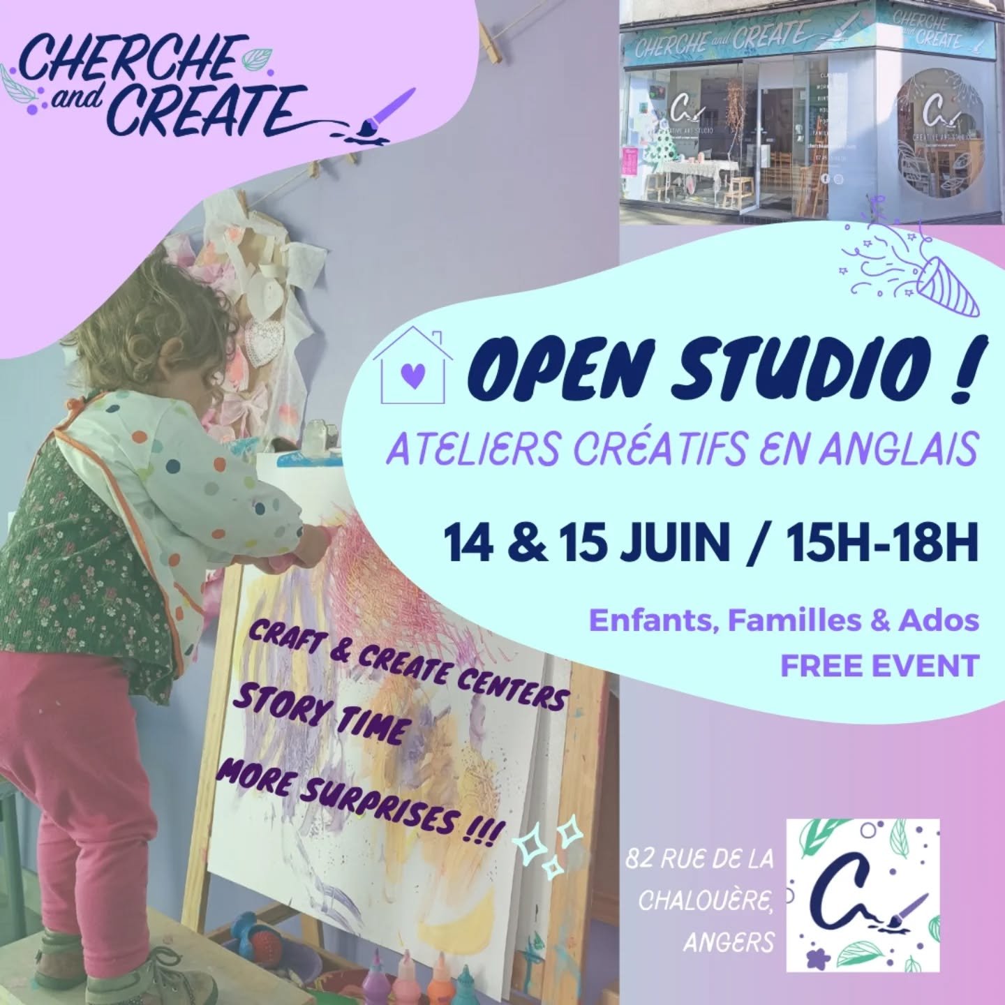OPEN STUDIO (Portes Ouvertes Weekend) !💜✨🎉
Join us for a festive and creative weekend at the Studio !

〰️ Saturday &amp; Sunday June 14th/15th (15H-18H)
🏠 82 rue de la Chalou&egrave;re, Angers

You're all invited to stop by and enjoy some creative