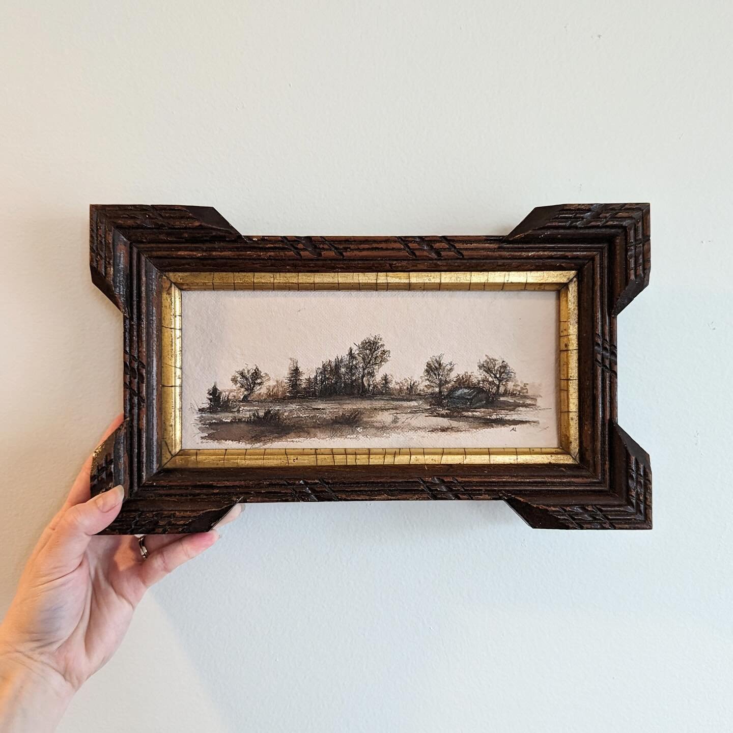 Bygone Vol. I &bull; 9&rdquo; x 4&rdquo; in vintage frame &bull; ink on handmade paper. Available at auction in the link in my stories. You&rsquo;ll have to get a ticket which is free to make a bid. Once you are in the bid listings, you can search my