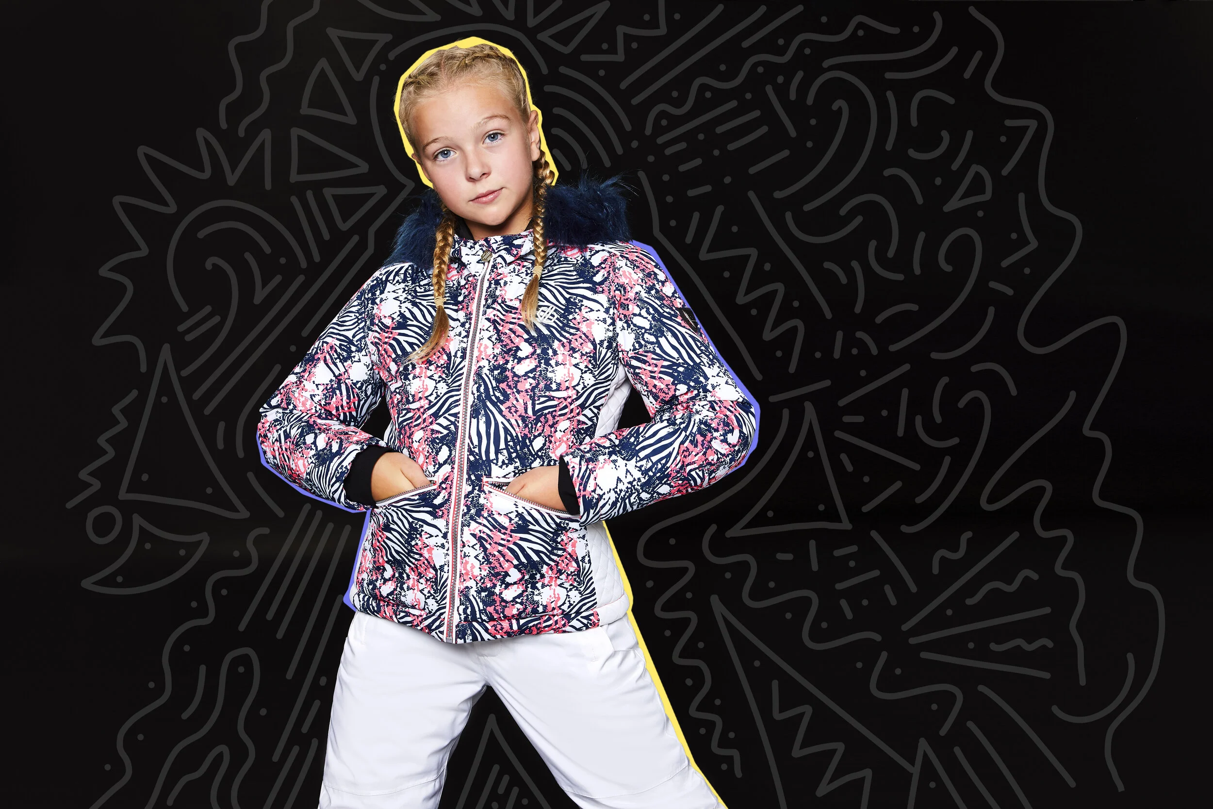 Girl stood in ski gear surrounded by illustrations
