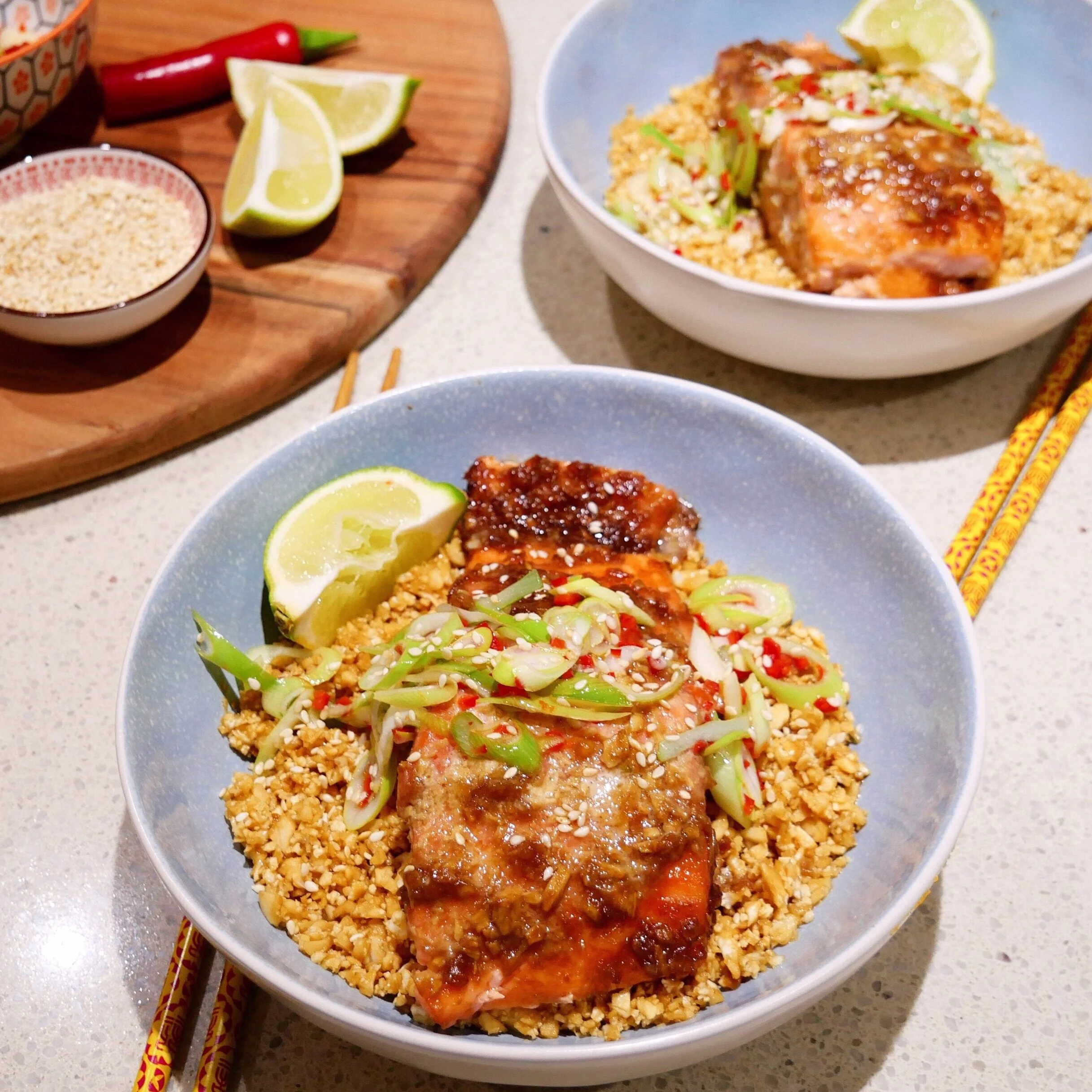 Slow cooked miso salmon with cauliflower rice &amp; pickled spring onion