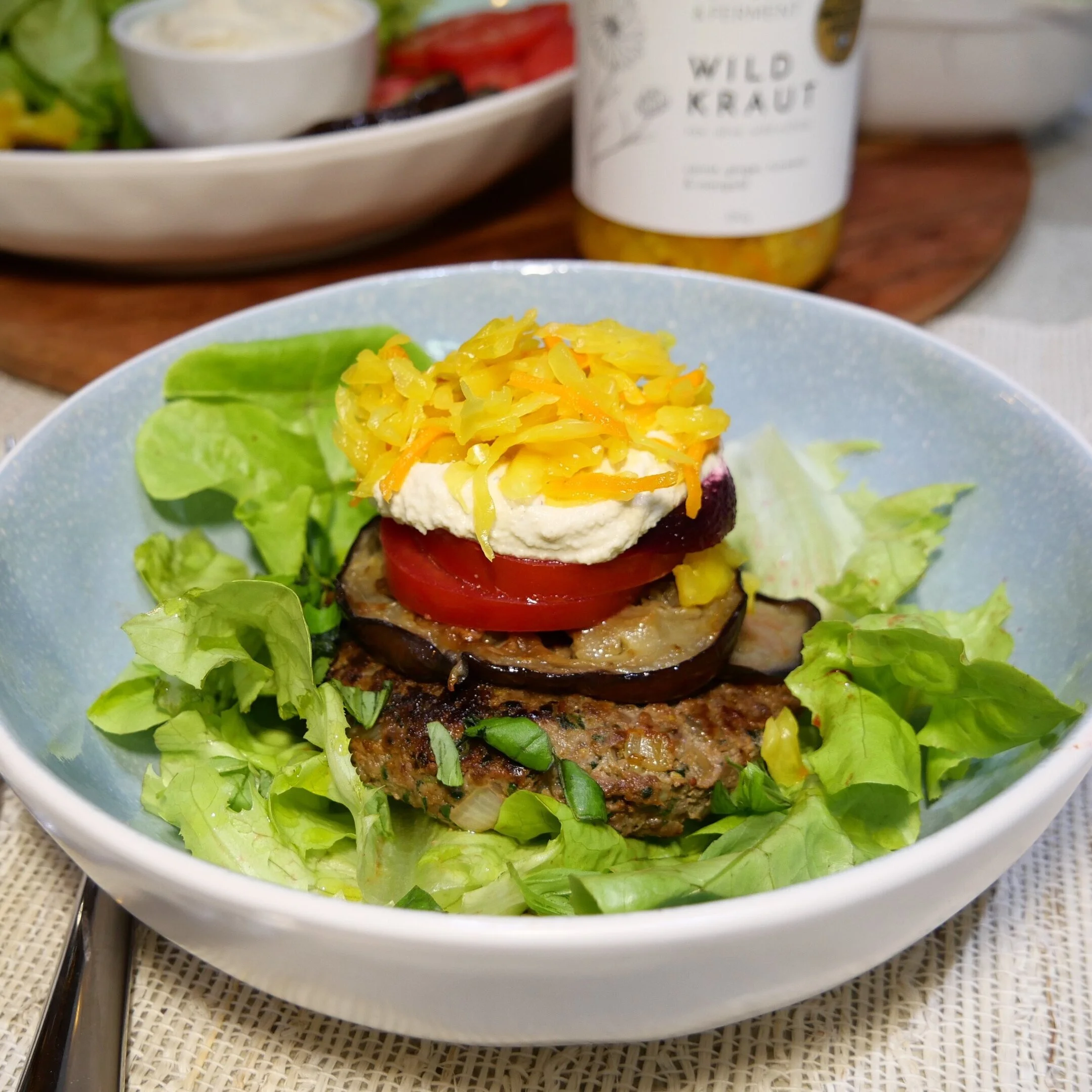 Open burger bowls with cashew aioli &amp; sauerkraut&nbsp;